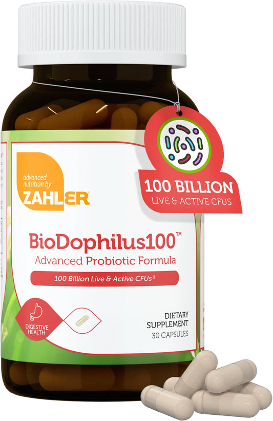Zahler BioDophilus100 bottle front showing high-potency probiotic for gut balance