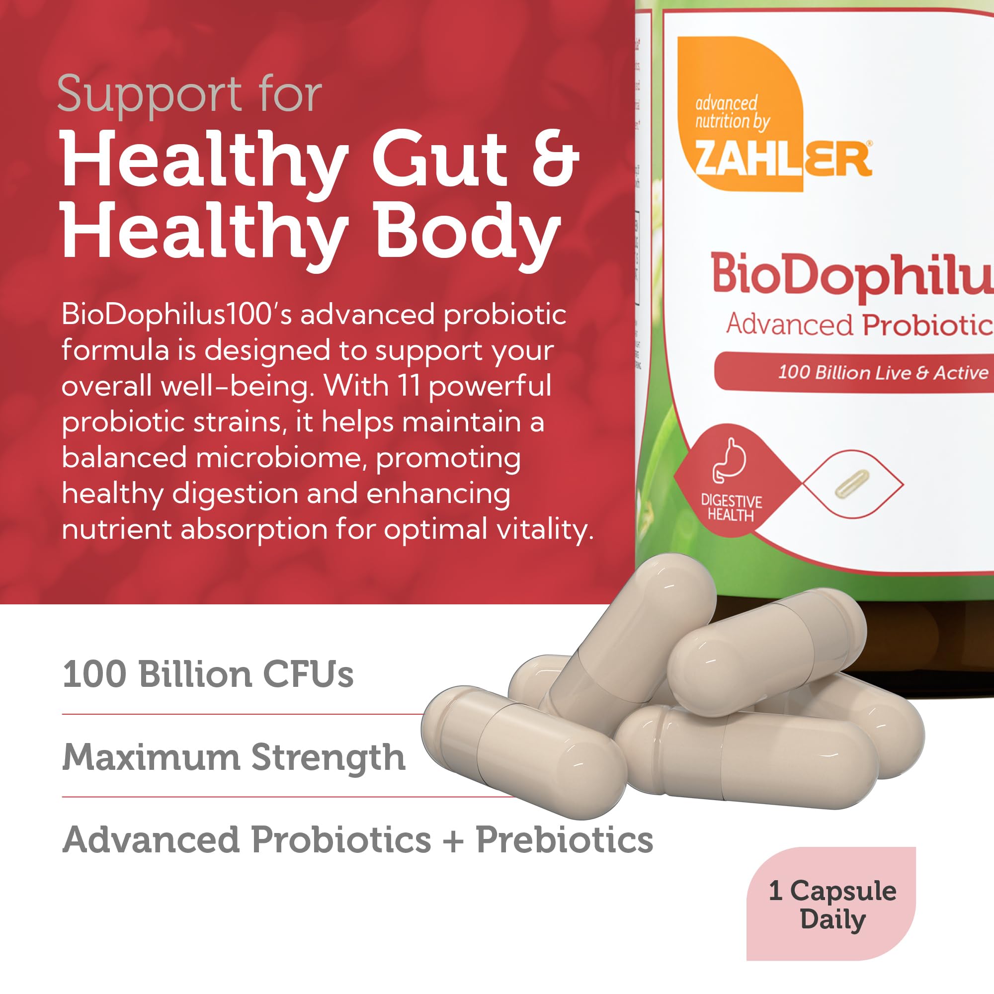 Zahler BioDophilus100 ingredients label with 11 probiotic strains