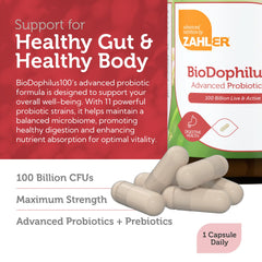 Zahler BioDophilus100 ingredients label with 11 probiotic strains