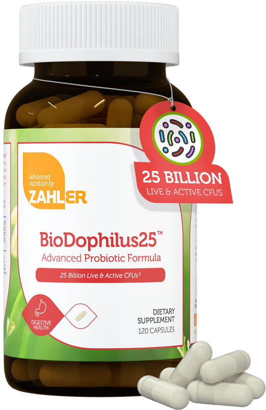 Zahler BioDophilus25 bottle front highlights a high-potency 25B CFU probiotic for daily use.