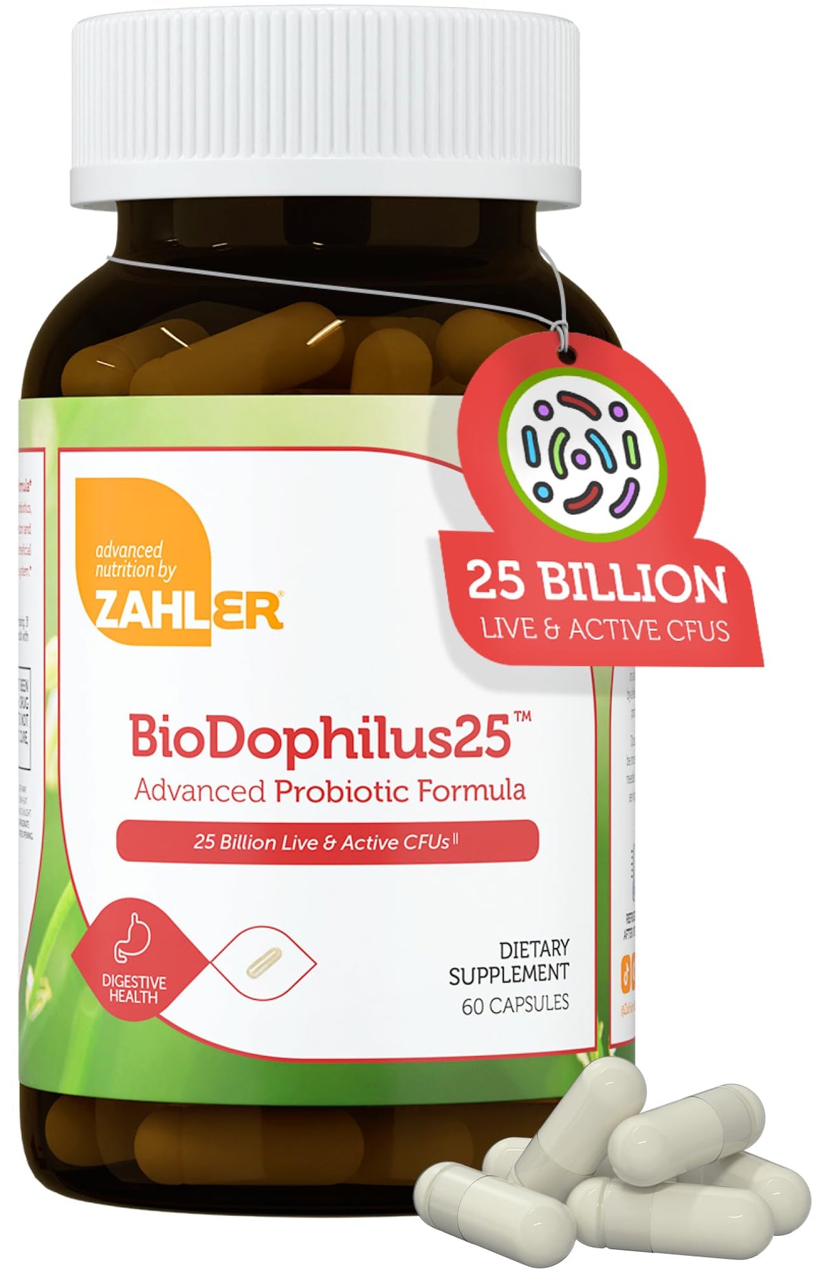 Zahler BioDophilus25 bottle shown for daily gut balance and easy dosing