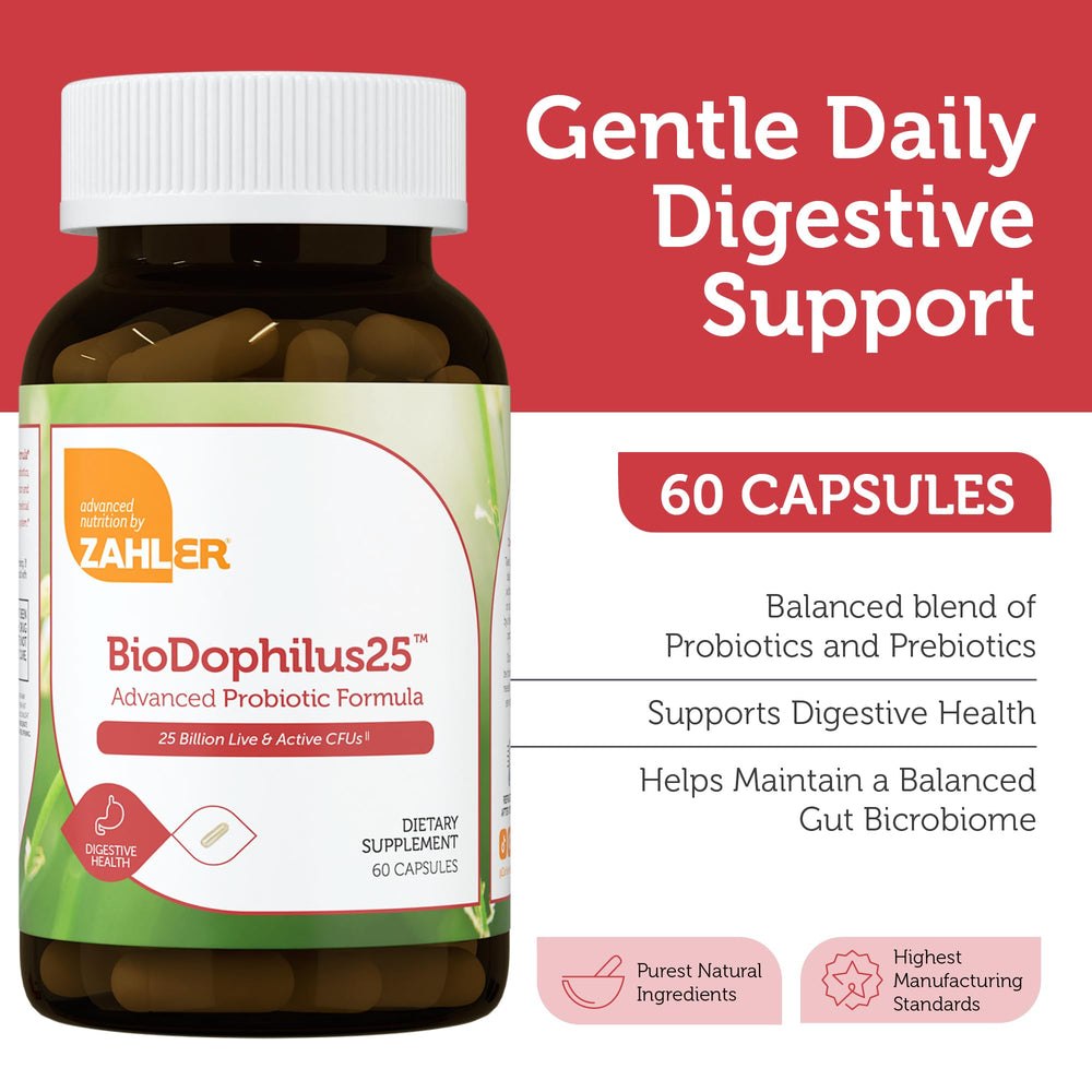 Zahler BioDophilus25 capsules closeup highlighting 25B CFU potency