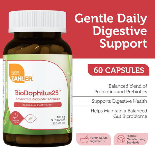 Zahler BioDophilus25 capsules closeup highlighting 25B CFU potency