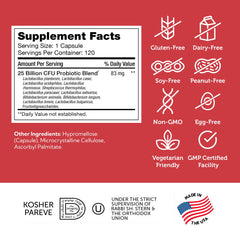 Zahler BioDophilus25 kosher label signals kosher, non-GMO formulation for dietary compliance.