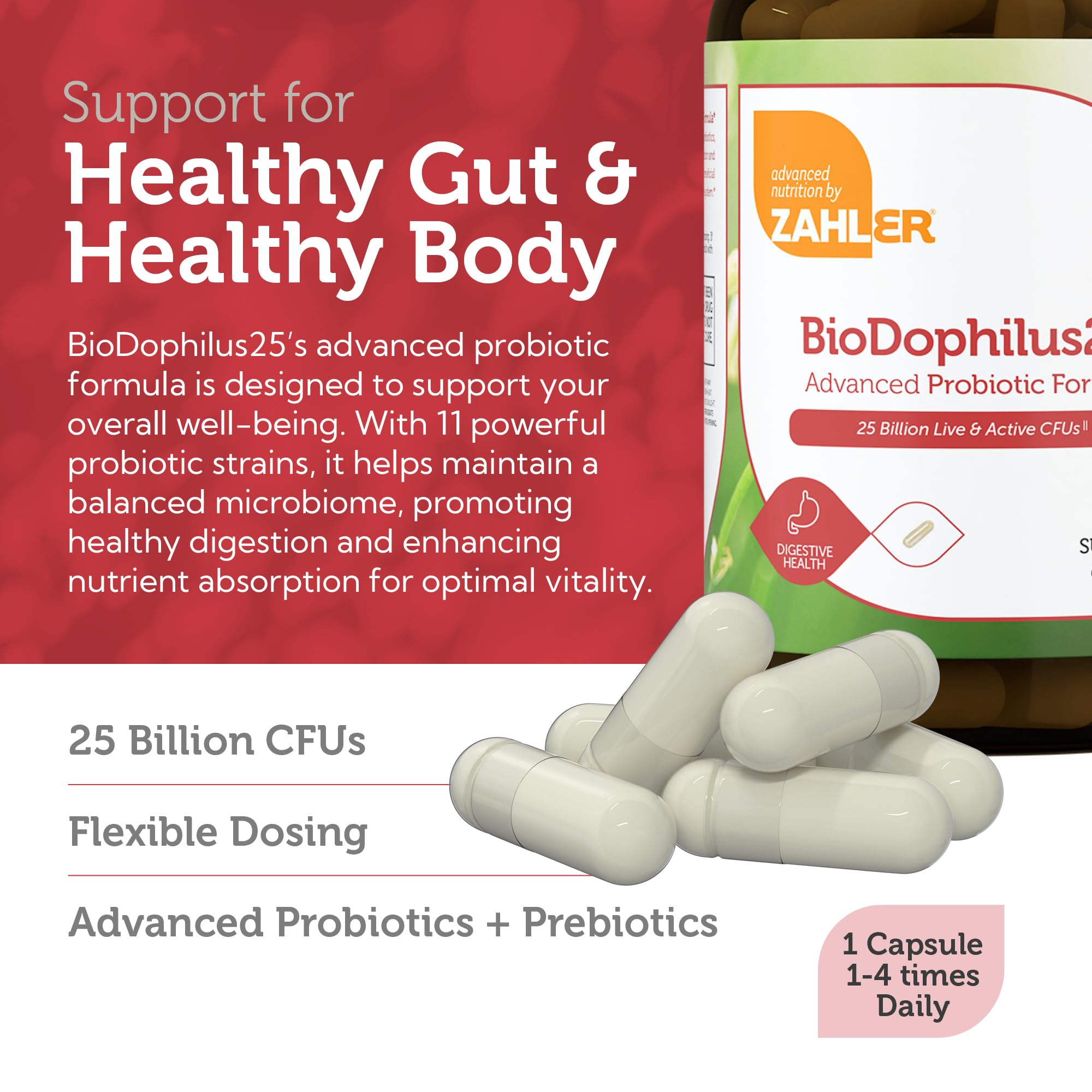Zahler BioDophilus25 label emphasizes 25B CFU for reliable daily use