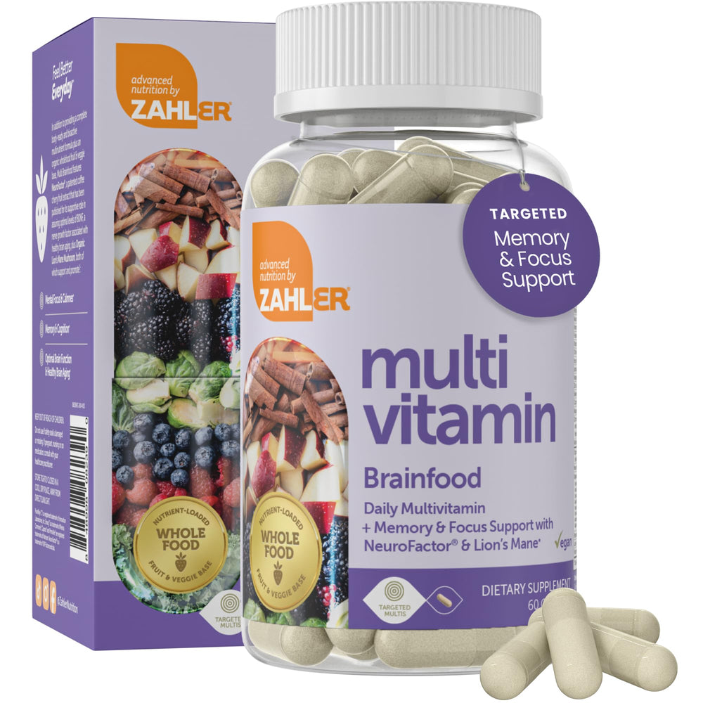 Zahler Brainfood capsules close-up showing memory and alertness support.