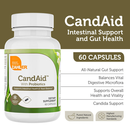 Zahler CandAid probiotic capsules close-up for digestive health.