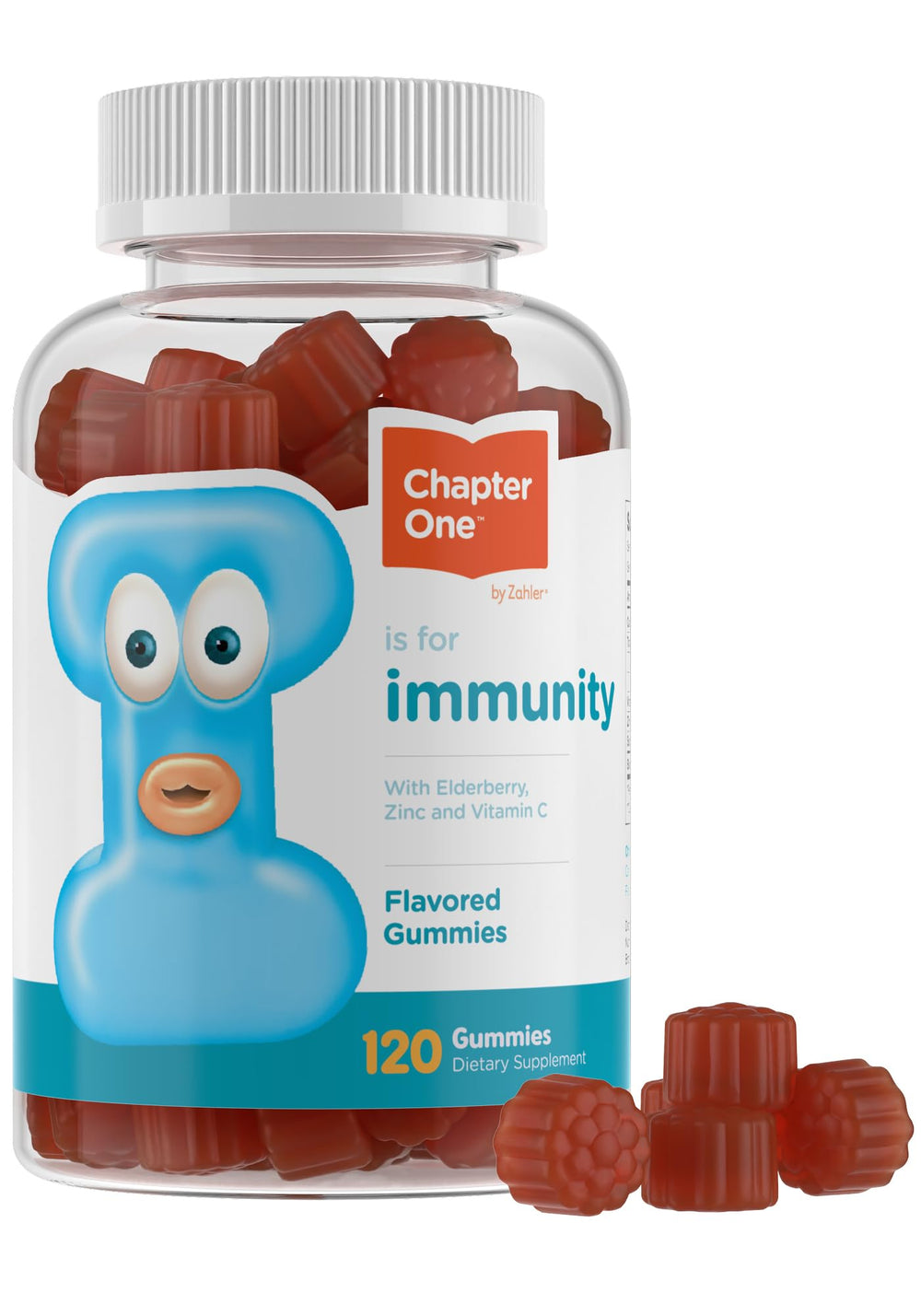 Zahler Chapter One Immunity Gummies jar front with vitamin C and zinc for daily immune support.