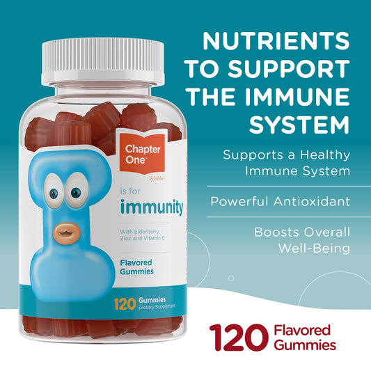 Zahler Chapter One Immunity Gummies kids serving image showing chewy texture and elderberry flavor.