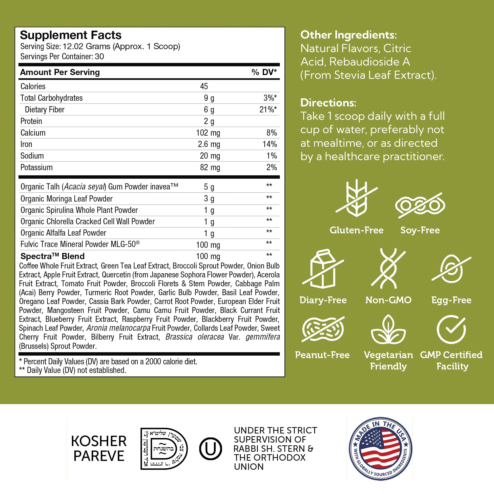 Zahler Core Greens label close-up emphasizes kosher non-GMO quality