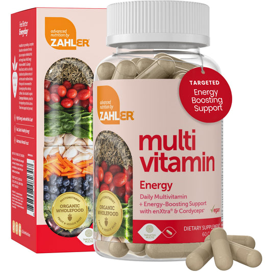 Zahler daily multivitamin energy capsules close-up highlighting easy-to-swallow vegan formula