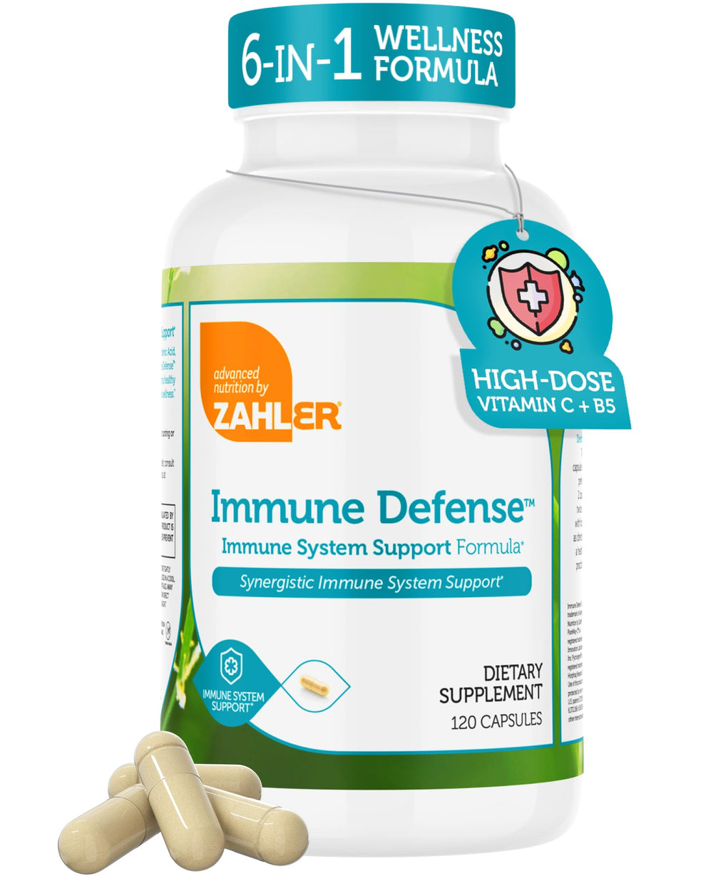 Zahler Immune Defense capsules close-up highlighting easy daily dosing.