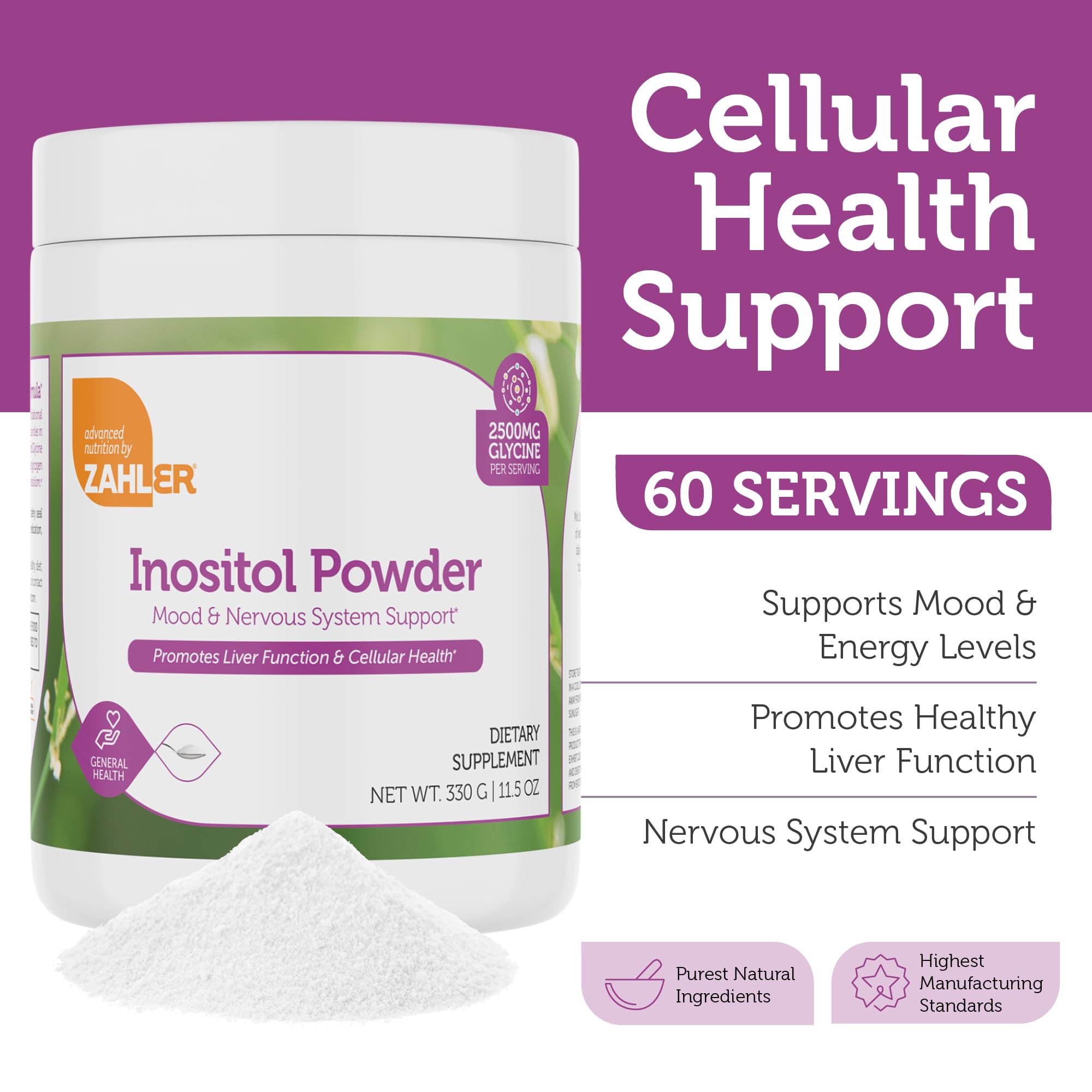 Scoop of Zahler Inositol & Glycine powder for easy daily serving.