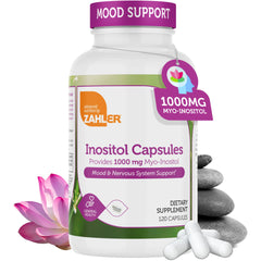 Zahler Inositol supplement bottle for daily mood and hormonal balance.