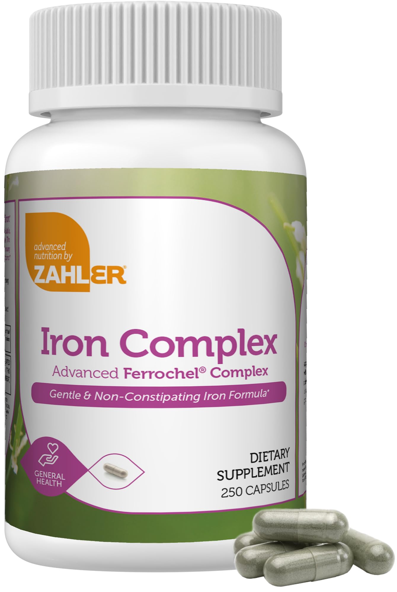 Zahler Iron Complex bottle front reveals gentle iron support with a digest-friendly formula.