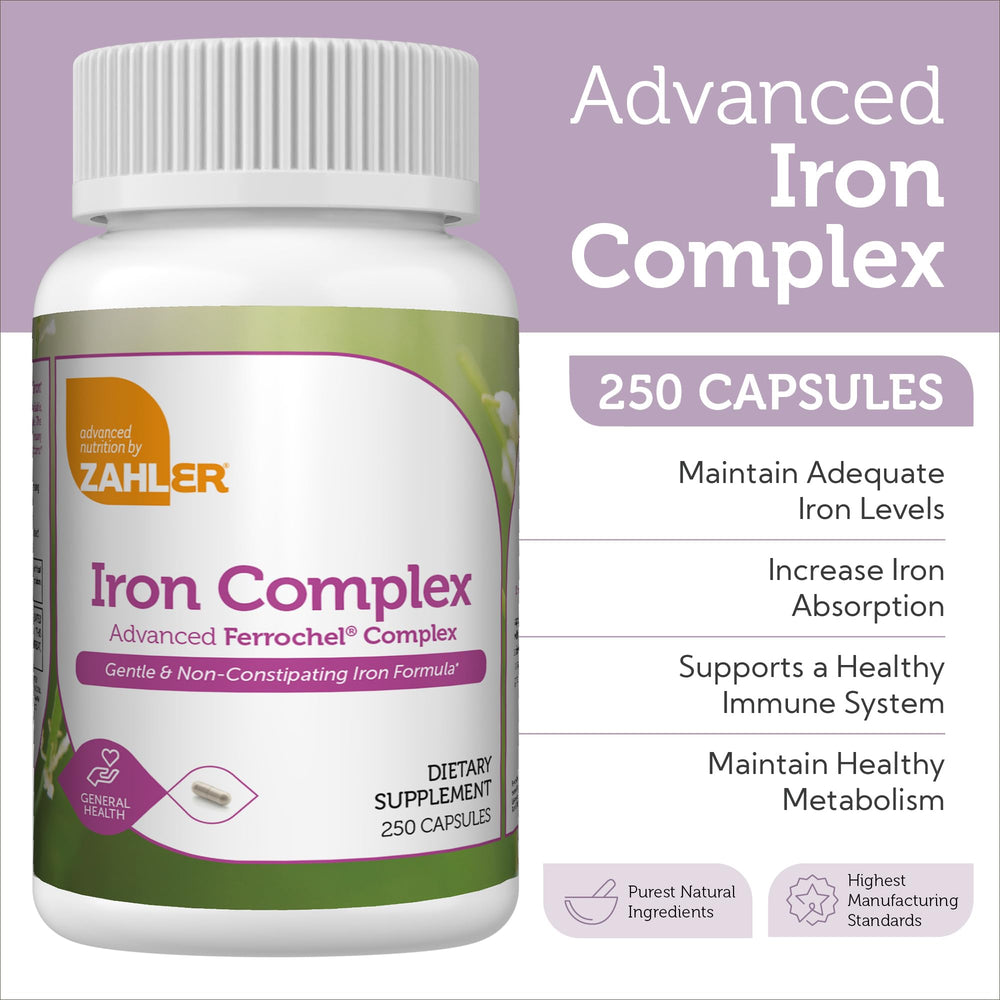 Zahler Iron Complex bottle pour illustrates easy daily dosing for adults.