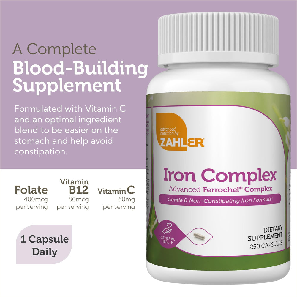 Zahler Iron Complex packaging emphasizes USA-made quality and Kosher-certified ingredients.