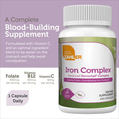 Zahler Iron Complex packaging emphasizes USA-made quality and Kosher-certified ingredients.