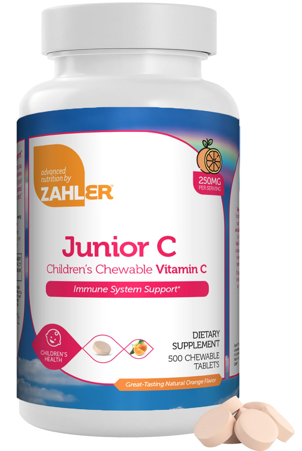 Zahler Junior C Advanced orange chewables bottle close-up highlighting kid-friendly vitamin C