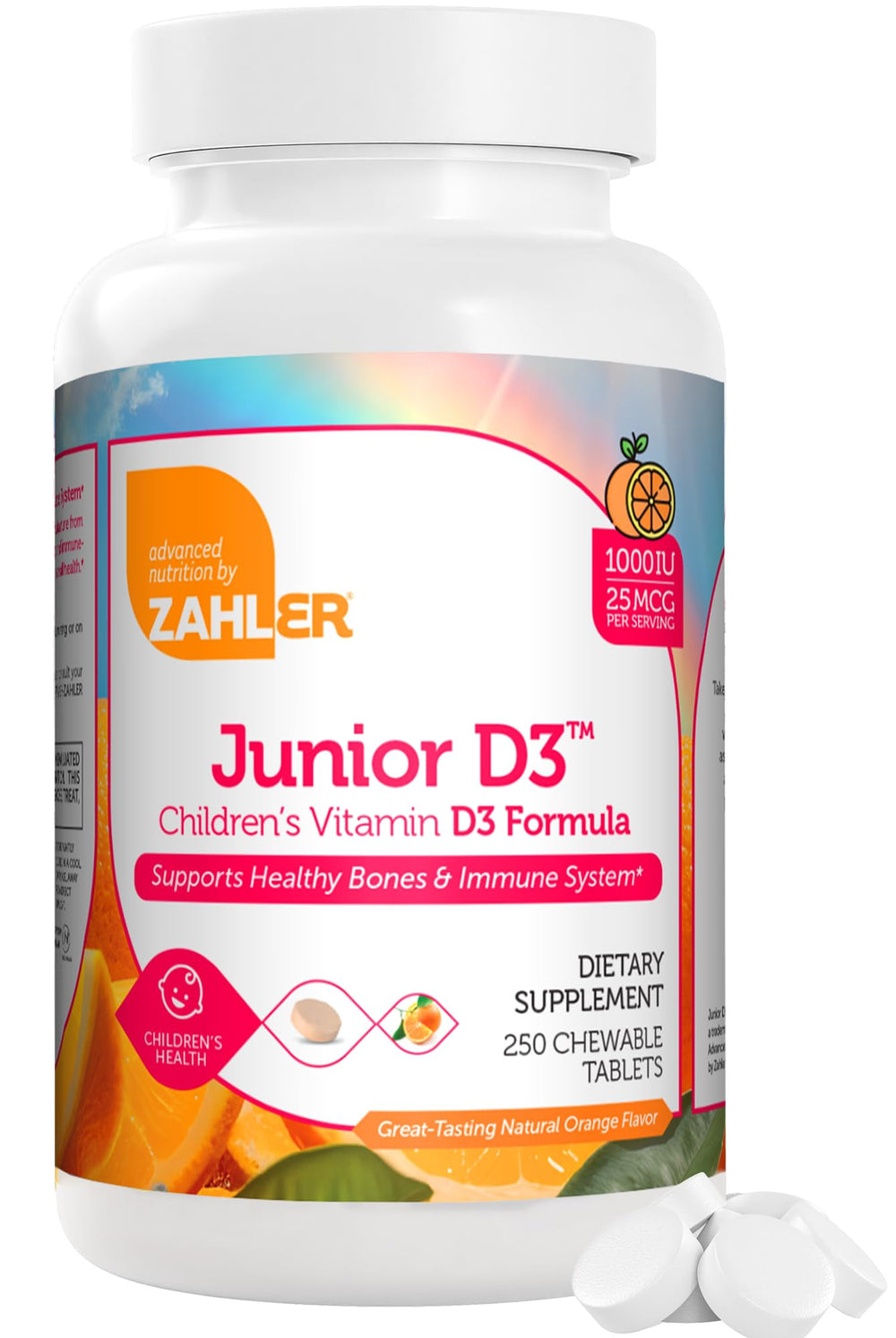 Zahler Junior D3 orange bottle chewables supporting bone and teeth health in kids
