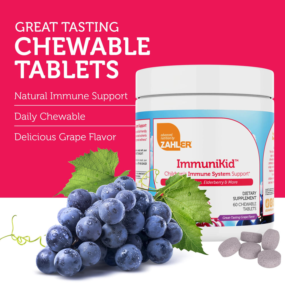 Zahler Kids Immune Support daily-dose tablets showing two-tablet daily routine