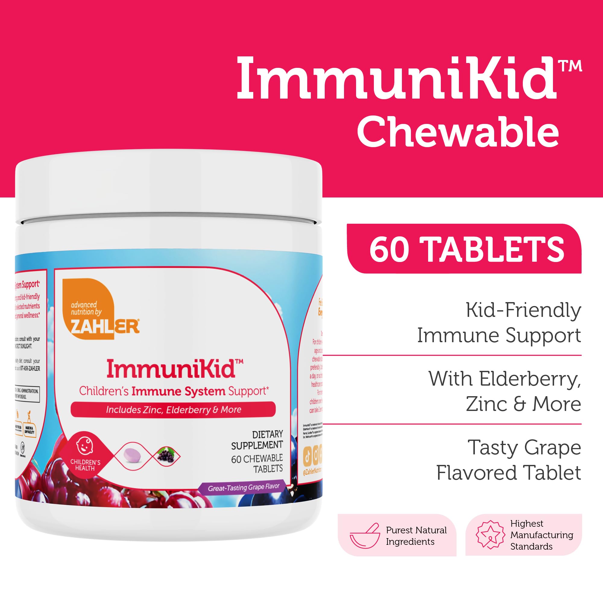 Zahler Kids Immune Support zinc-label close-up showing zinc for growing children