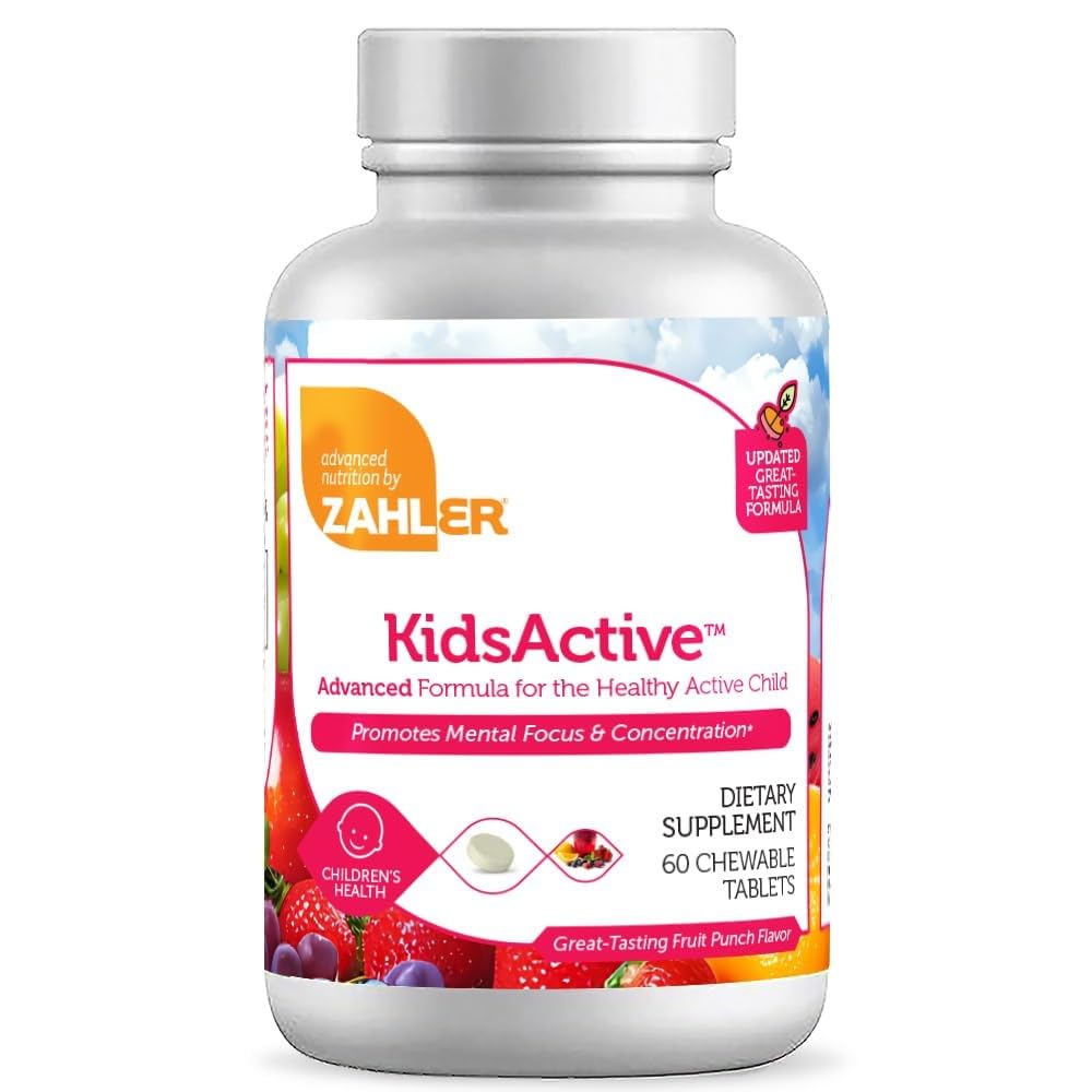 Zahler KidsActive bottle front showing fruit punch chewables for focus