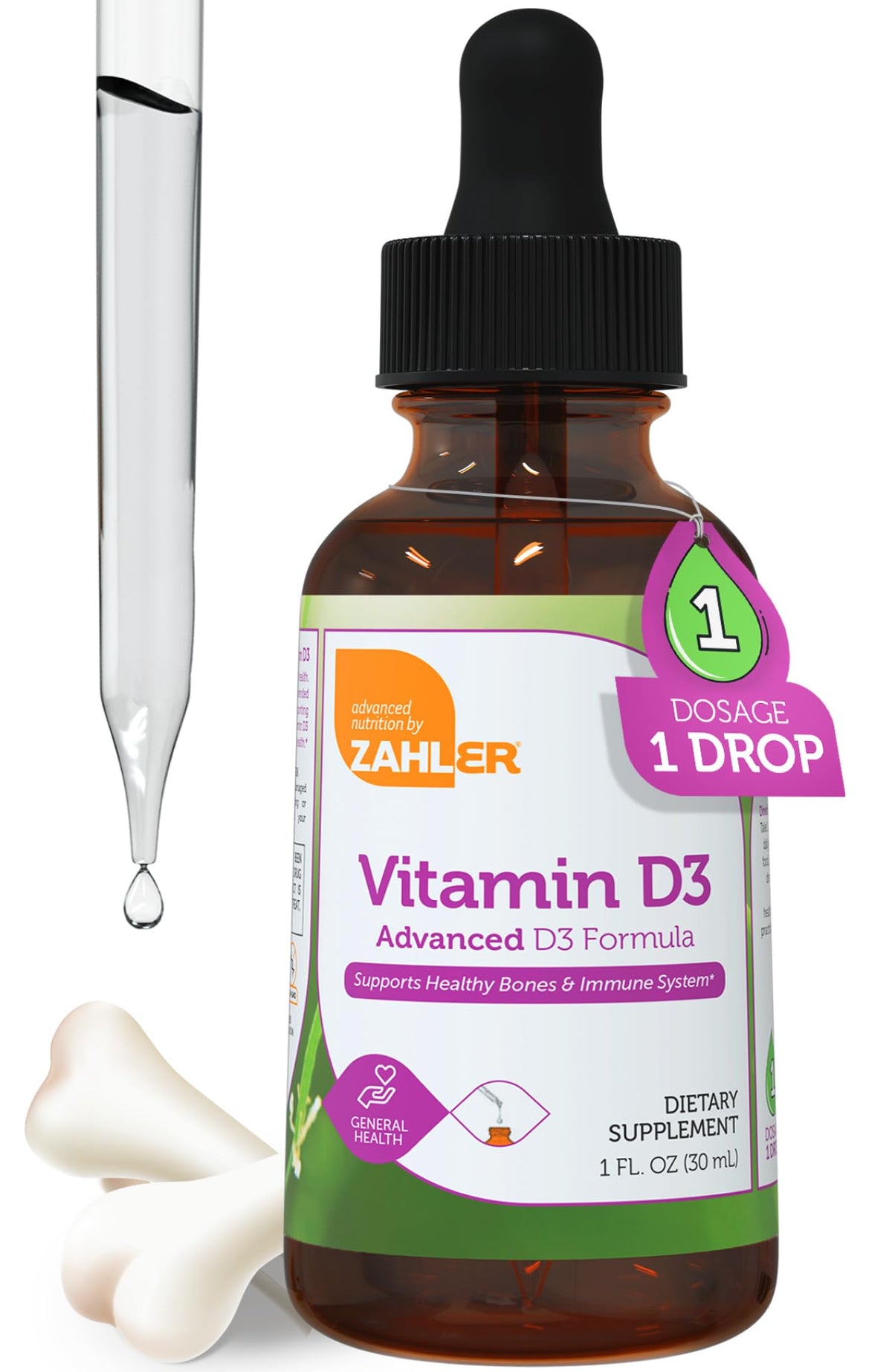 Zahler Vitamin D3 5000 IU bottle showing high-potency formula for bone support