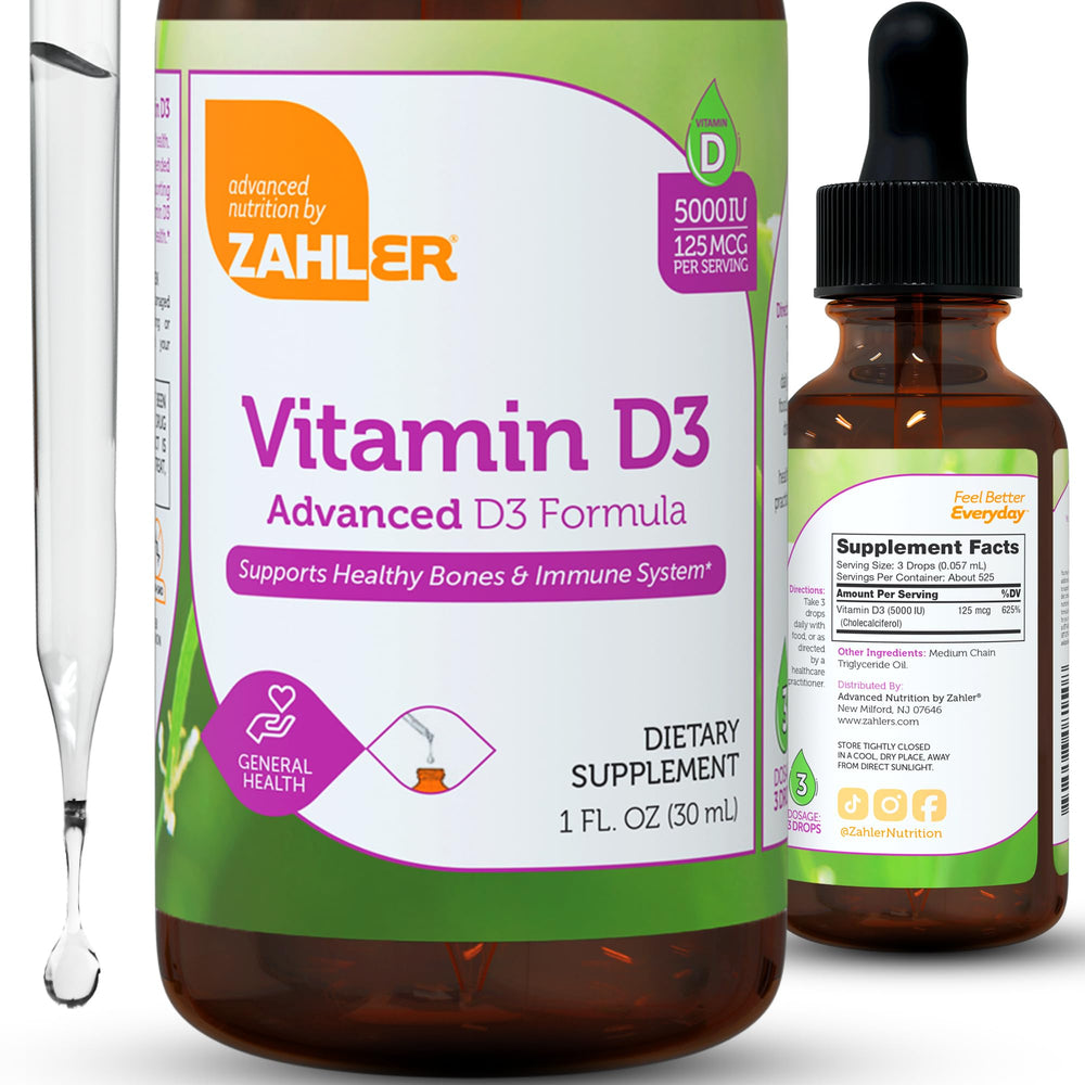Zahler Vitamin D3 liquid dropper emphasizing easy 3-drop serving