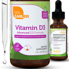 Zahler Vitamin D3 liquid dropper emphasizing easy 3-drop serving