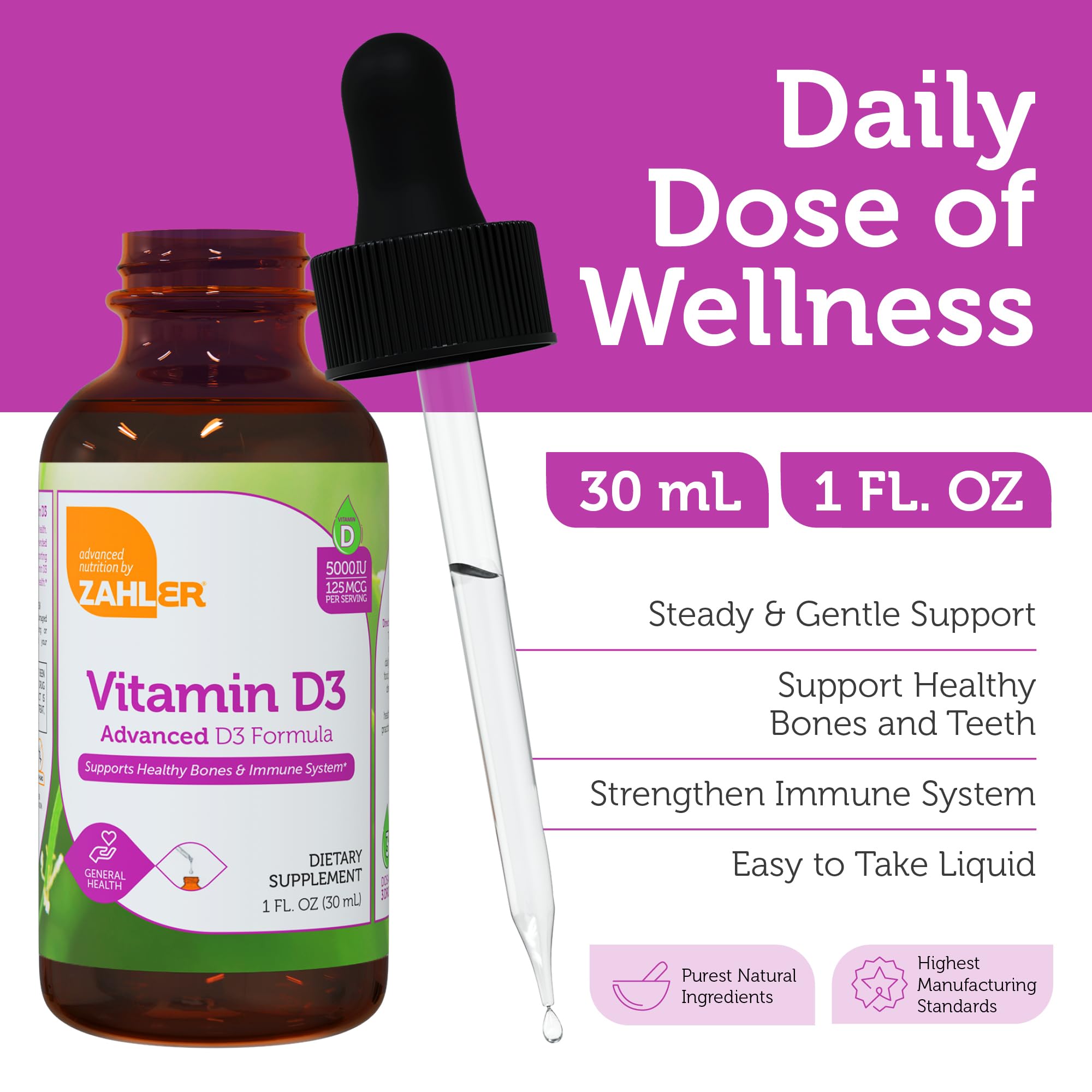 Zahler Vitamin D3 liquid bottle label close-up highlighting product details