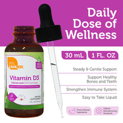 Zahler Vitamin D3 liquid bottle label close-up highlighting product details