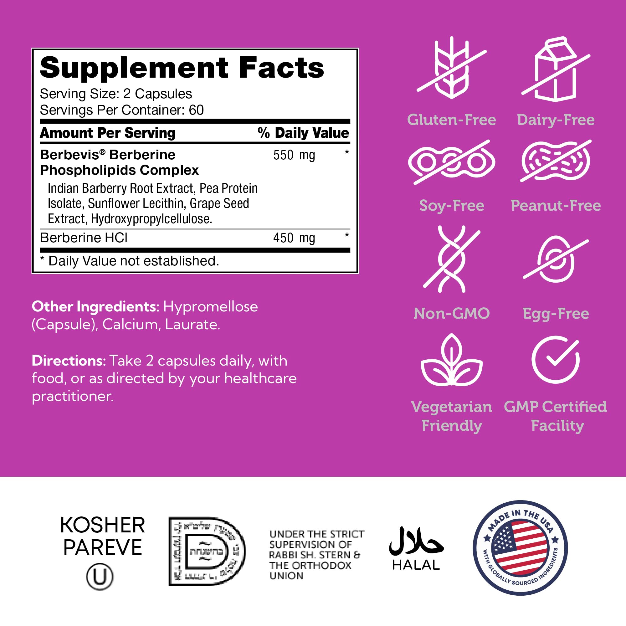 Made in USA GMP facility badge on Zahler Berberine packaging.