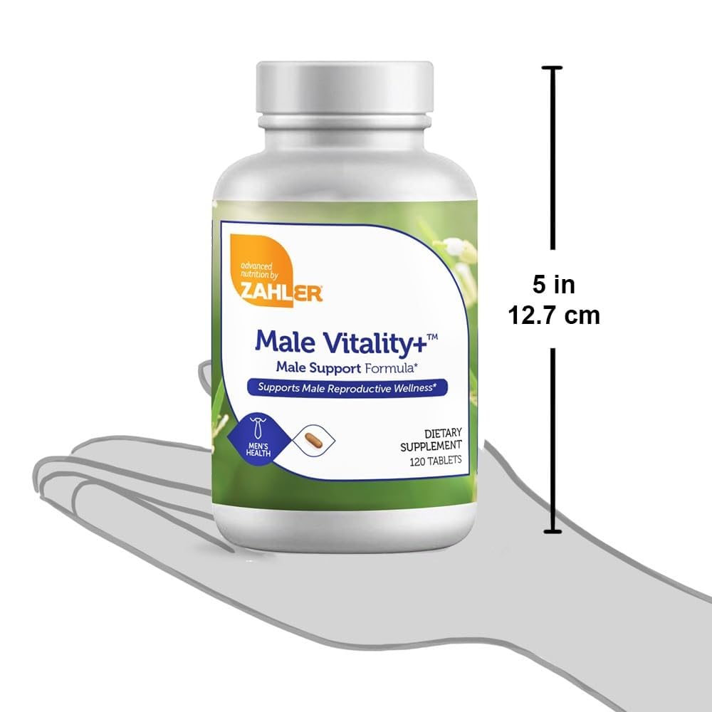 Zahler Male Vitality+ capsules shown with a glass of water for daily use.