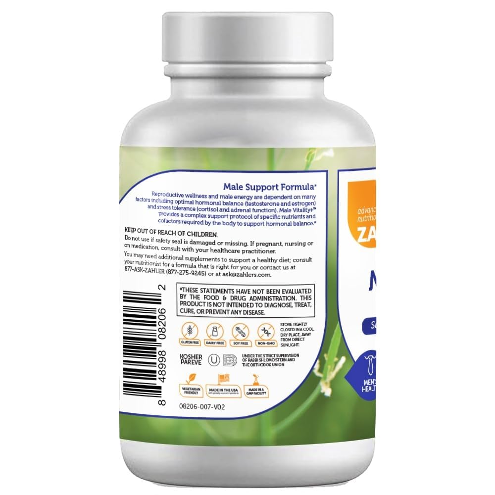 Zahler Male Vitality+ label close-up showing non-GMO and vegetarian-friendly features.