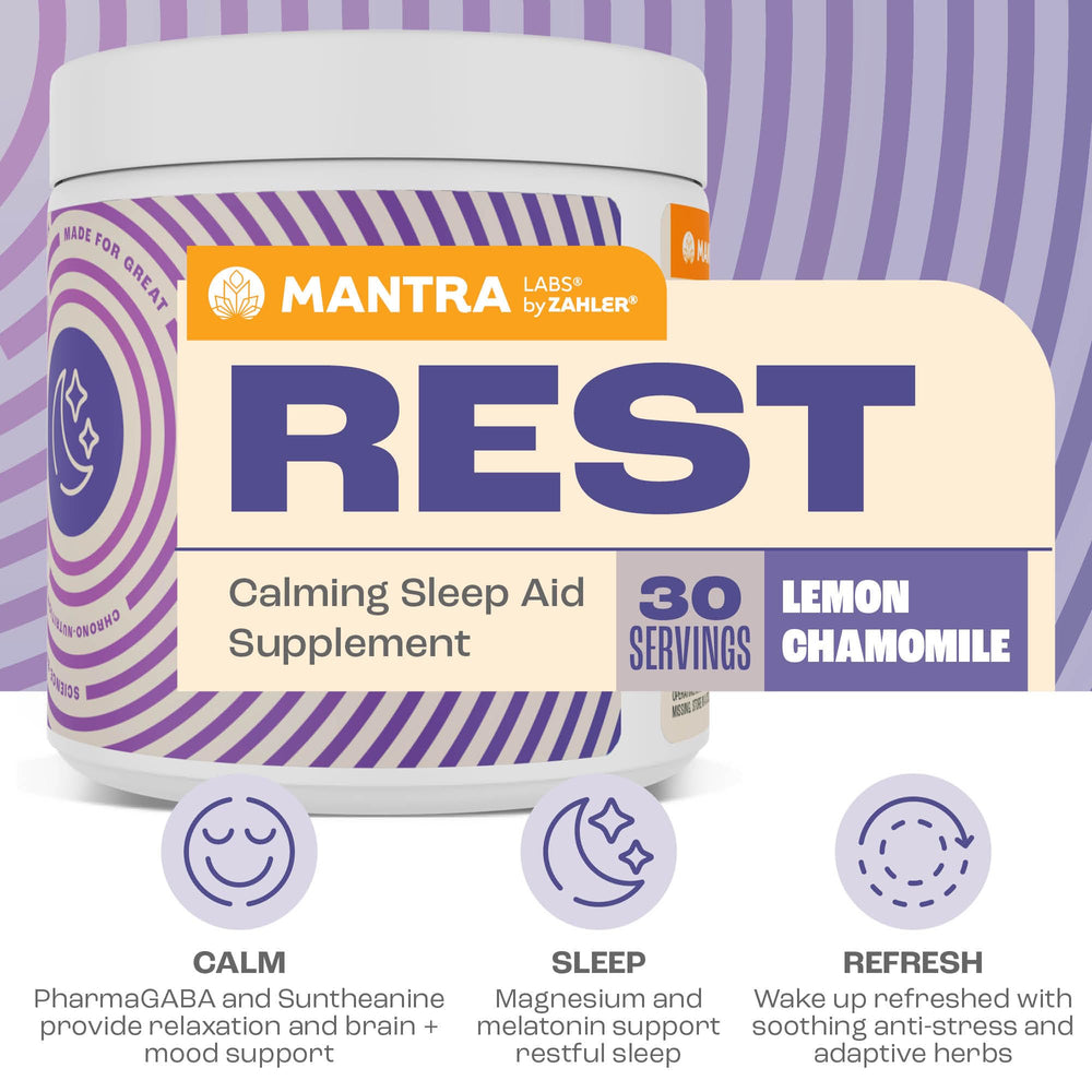 Zahler Mantra Rest label close-up featuring lemon chamomile formula.