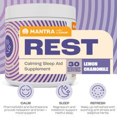 Zahler Mantra Rest label close-up featuring lemon chamomile formula.