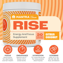 Zahler Mantra Rise ingredients panel highlights antioxidants and minerals.