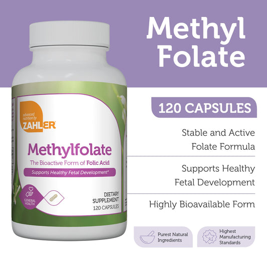 Zahler Methylfolate bottle label details the kosher, non-GMO, gluten-free formula