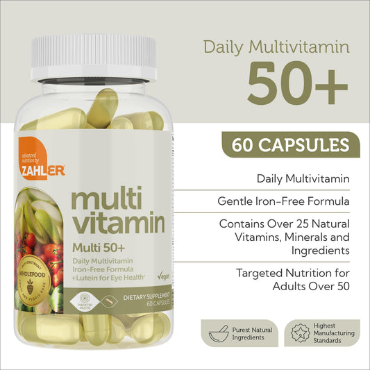 Zahler Multivitamin 50+ bottle back view lists ingredients and daily-use benefits.