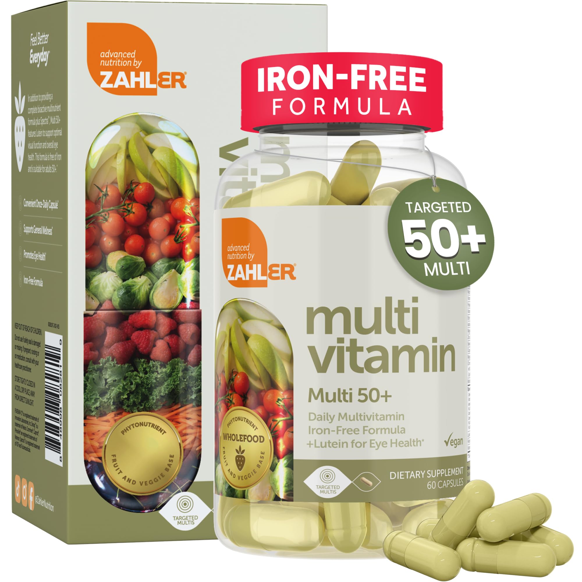 Zahler Multivitamin 50+ bottle front view highlighting iron-free formula for seniors.