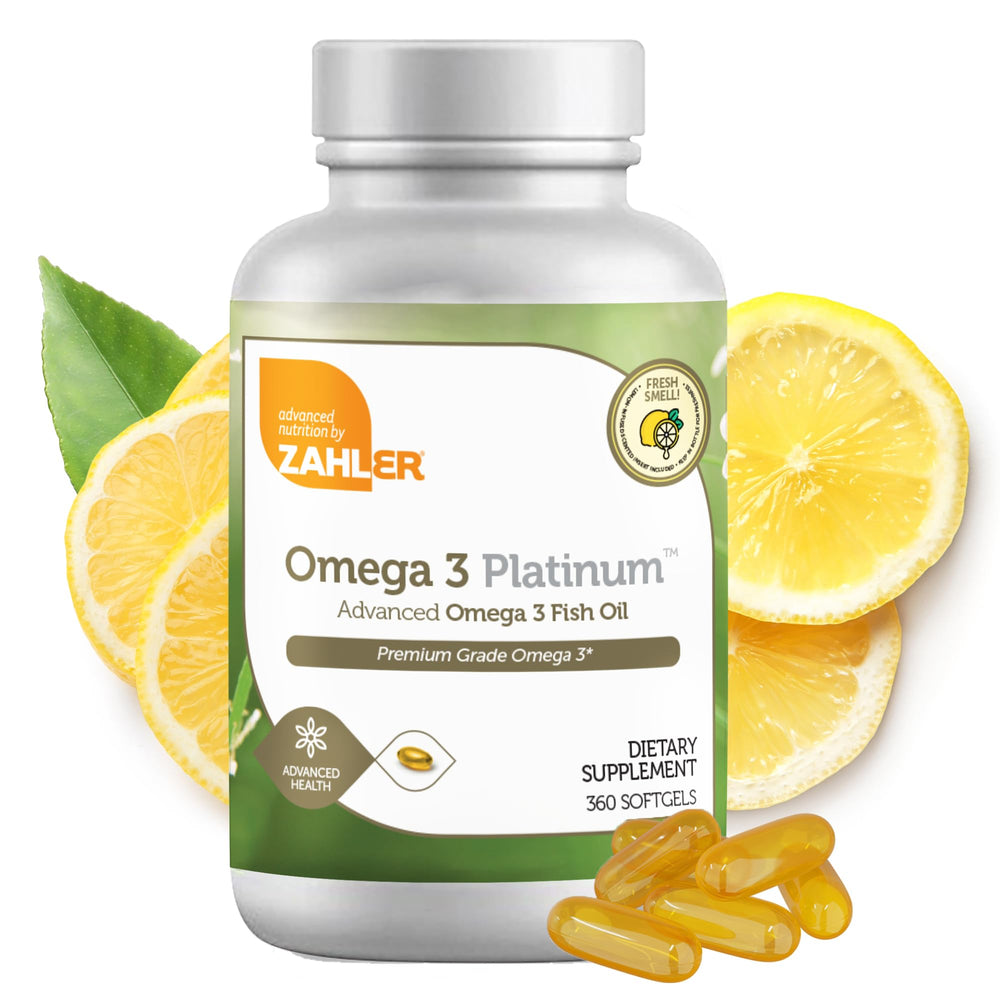 Zahler Omega-3 fish oil bottle highlighting EPA and DHA for heart and brain support.