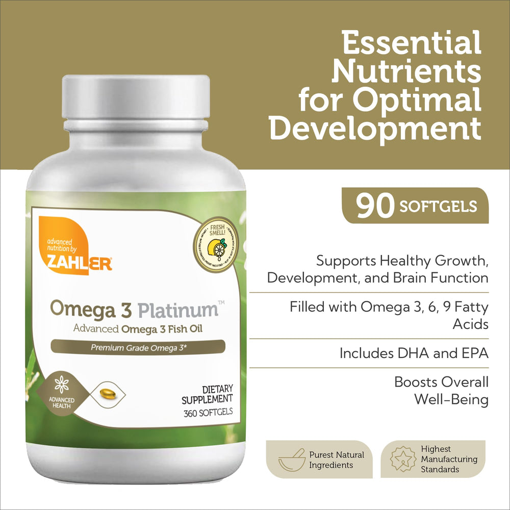 Zahler Omega-3 softgels close-up showing burp-free, premium quality capsules.