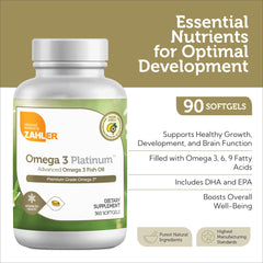 Zahler Omega-3 softgels close-up showing burp-free, premium quality capsules.