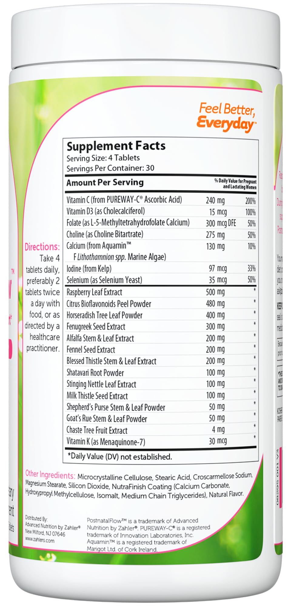 Zahler Postnatal Flow tablets closeup highlighting compact 120-tablet bottle
