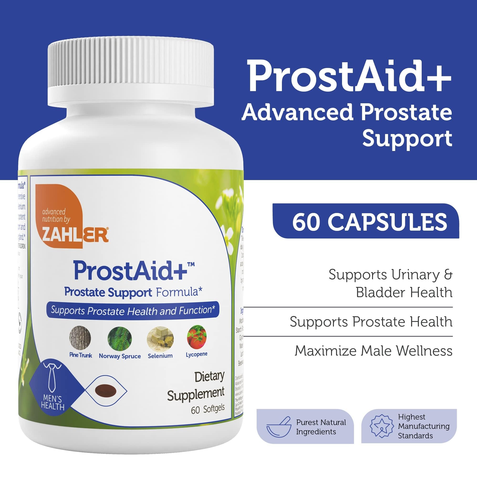Zahler Prostaid+ capsules closeup conveys vitamin-rich prostate support for daily comfort
