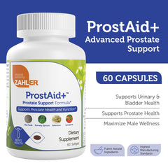 Zahler Prostaid+ capsules closeup conveys vitamin-rich prostate support for daily comfort