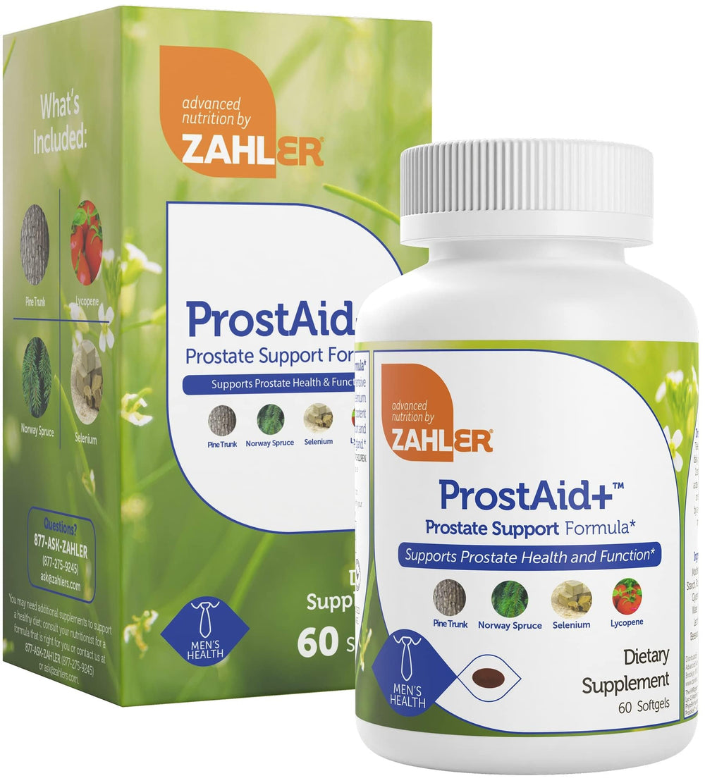 Zahler Prostaid+ bottle with measuring scoop to illustrate daily dosing