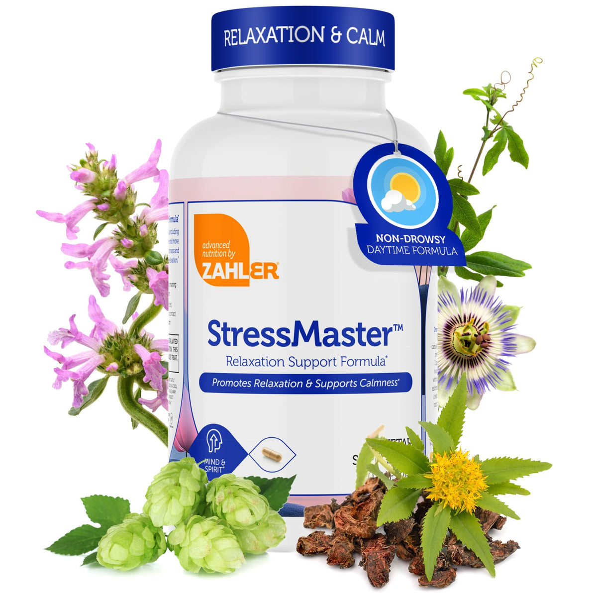 Zahler StressMaster bottle front view promotes calm and balance.