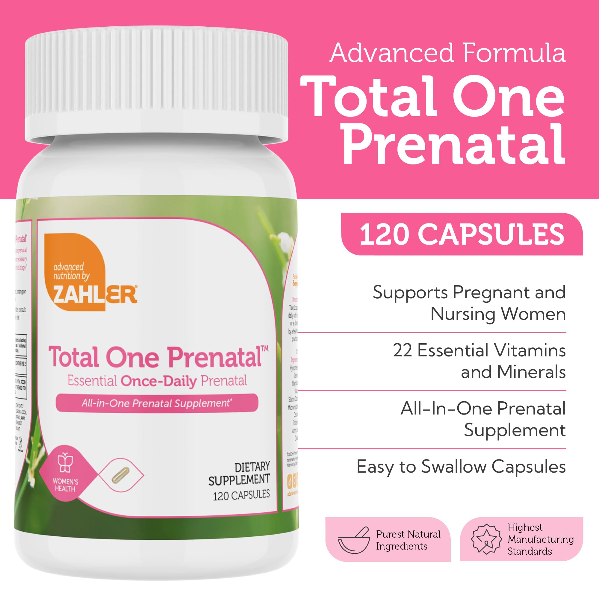 Close-up of Zahler Total One Prenatal capsule highlighting easy to swallow form